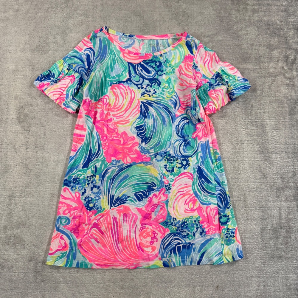 Lilly Pulitzer Dress Kids Medium Blue Seashell Ruffle Sleeve Shirt Dress Summer